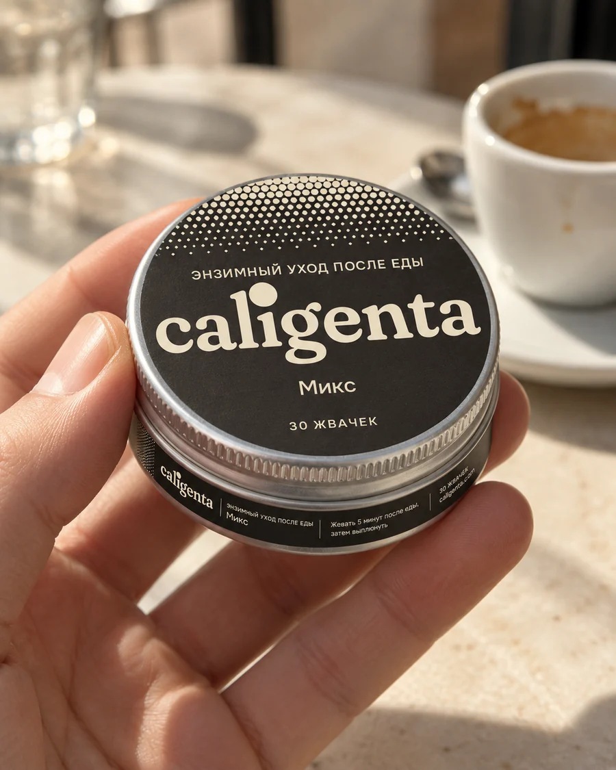 Упаковка Caligenta «Микс» в руке за столиком кафе после еды